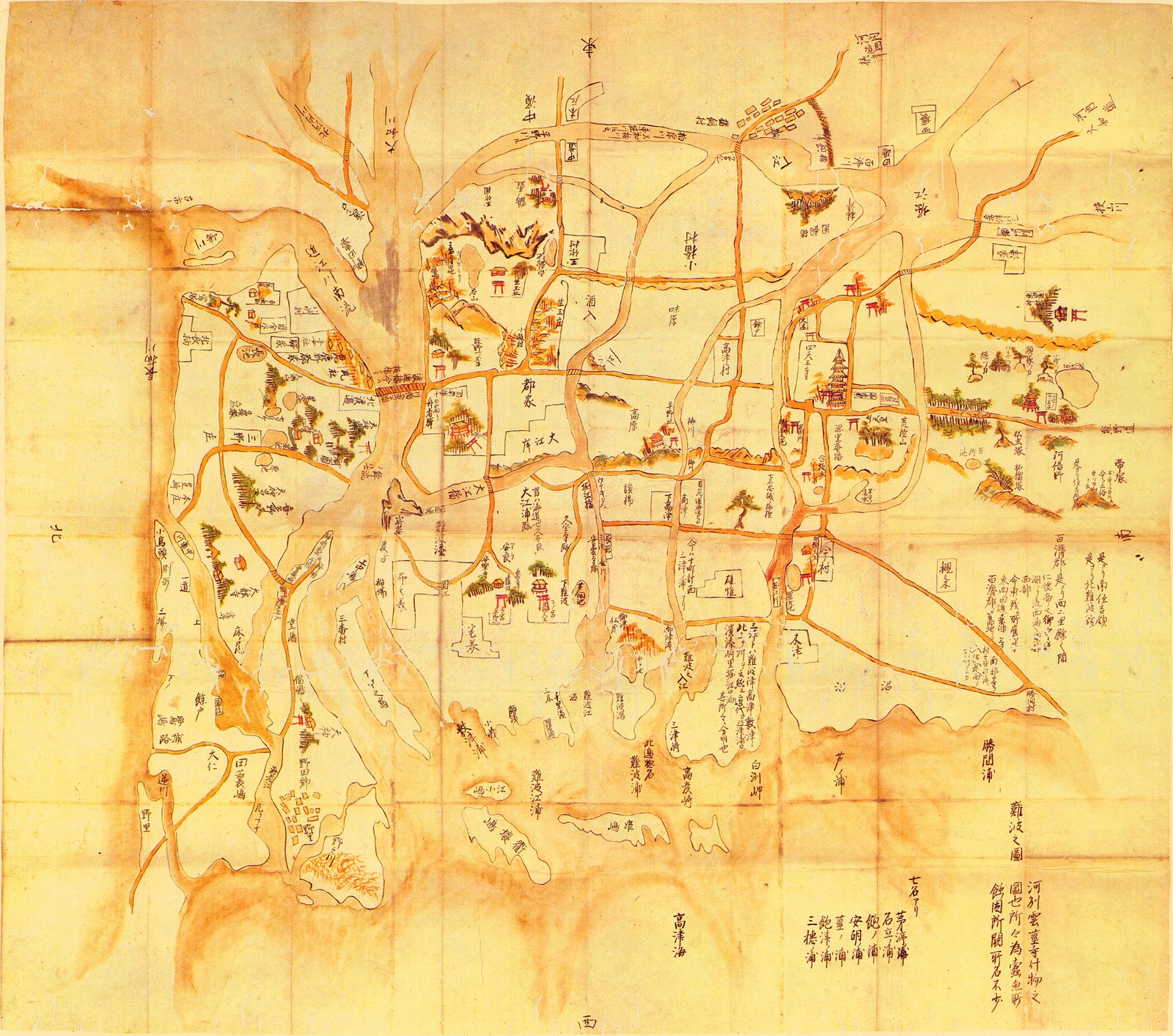 A hand-drawn map: ink and a thin ochre wash on paper gone the colour of tea, with the fold grid still crossing it. No scale, no frame, no key. Roads and water are the same ochre and are told apart by shape. Temple gates and halls are vermilion, the only strong colour on the sheet.<br><br>East is at the top, so the sea is at the foot. A line of sandbars floats detached across the bay. The only firm ground is the ridge under the pagoda. Nobody in seventh-century Naniwa drew any of this: the sheet was made about a thousand years later, from poems and temple records, and the archive holds four such guesses that do not agree.